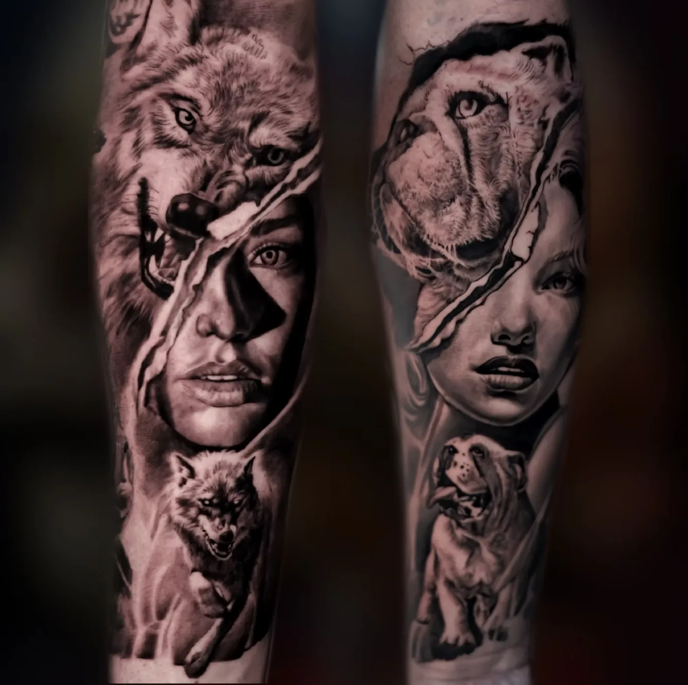Twin forearm pieces with wolf and bulldog portraits