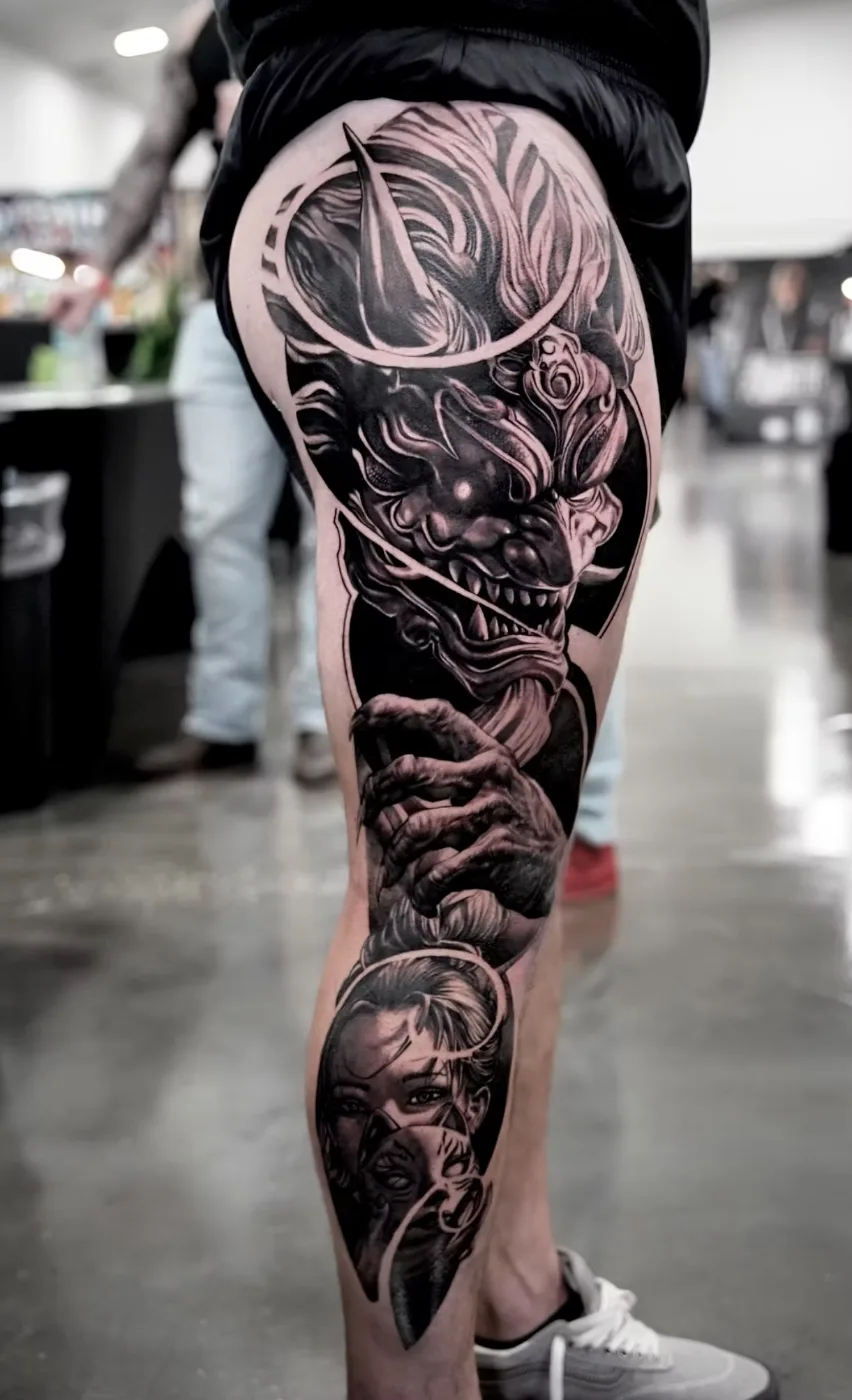 Full leg sleeve of an oni demon above a geisha