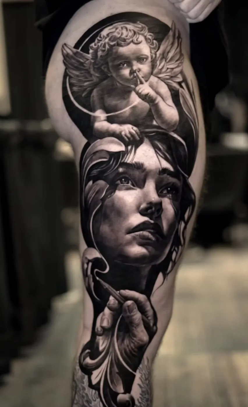 Forearm portrait of a woman beneath a cherub
