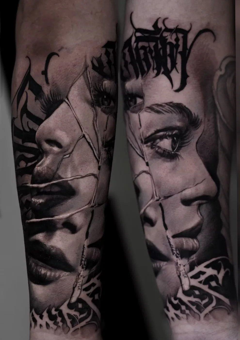 Two forearms with shattered-glass portraits and gothic lettering