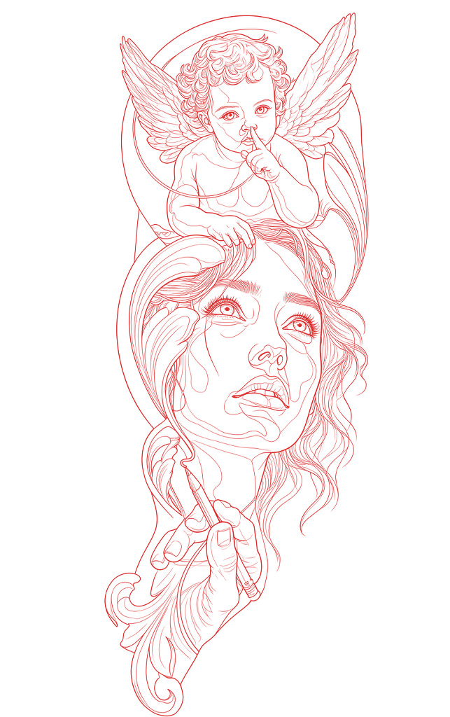 Harold's original red line stencil for the cherub and portrait piece